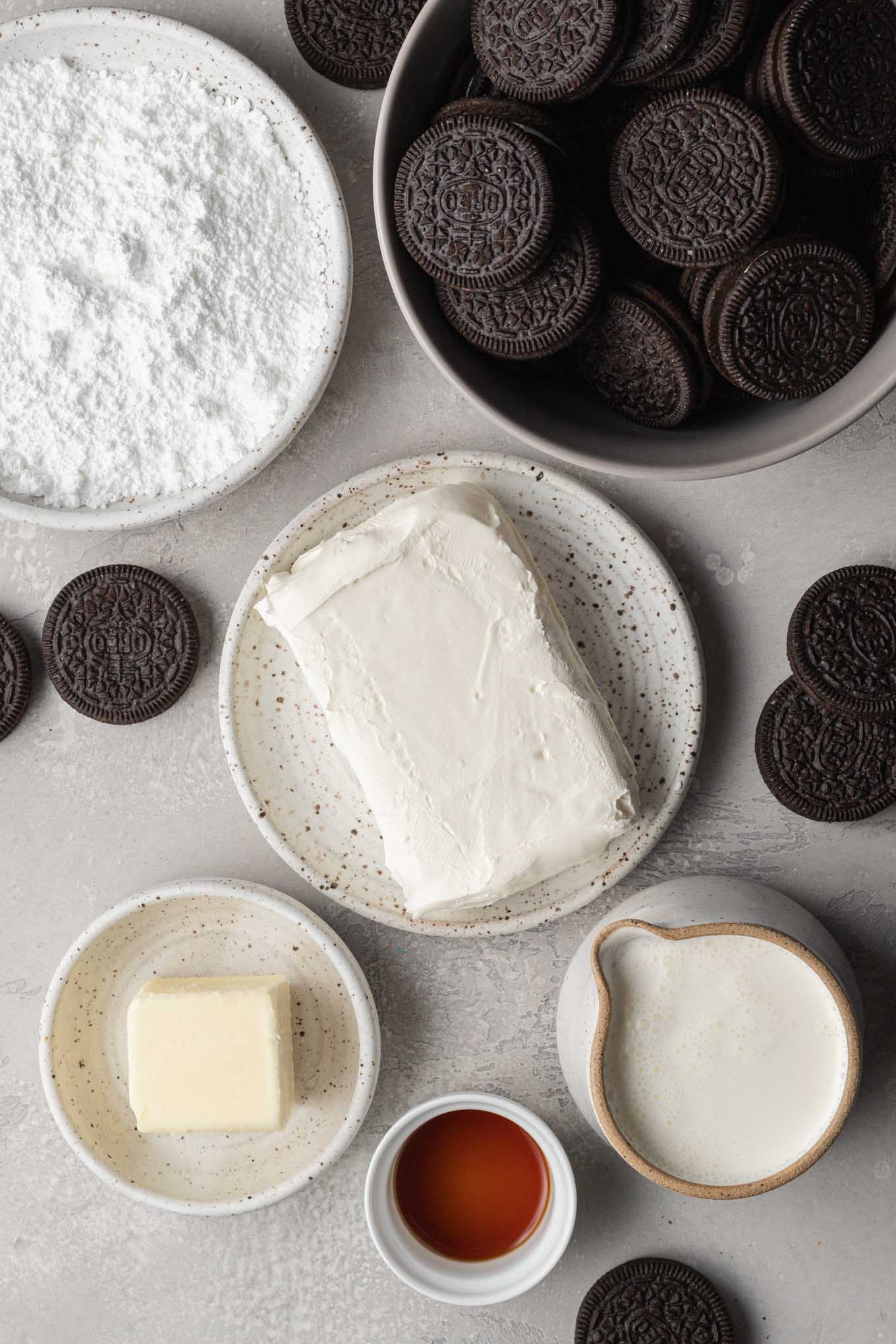 An overhead view of the various ingredients needed to make an Oreo pie.