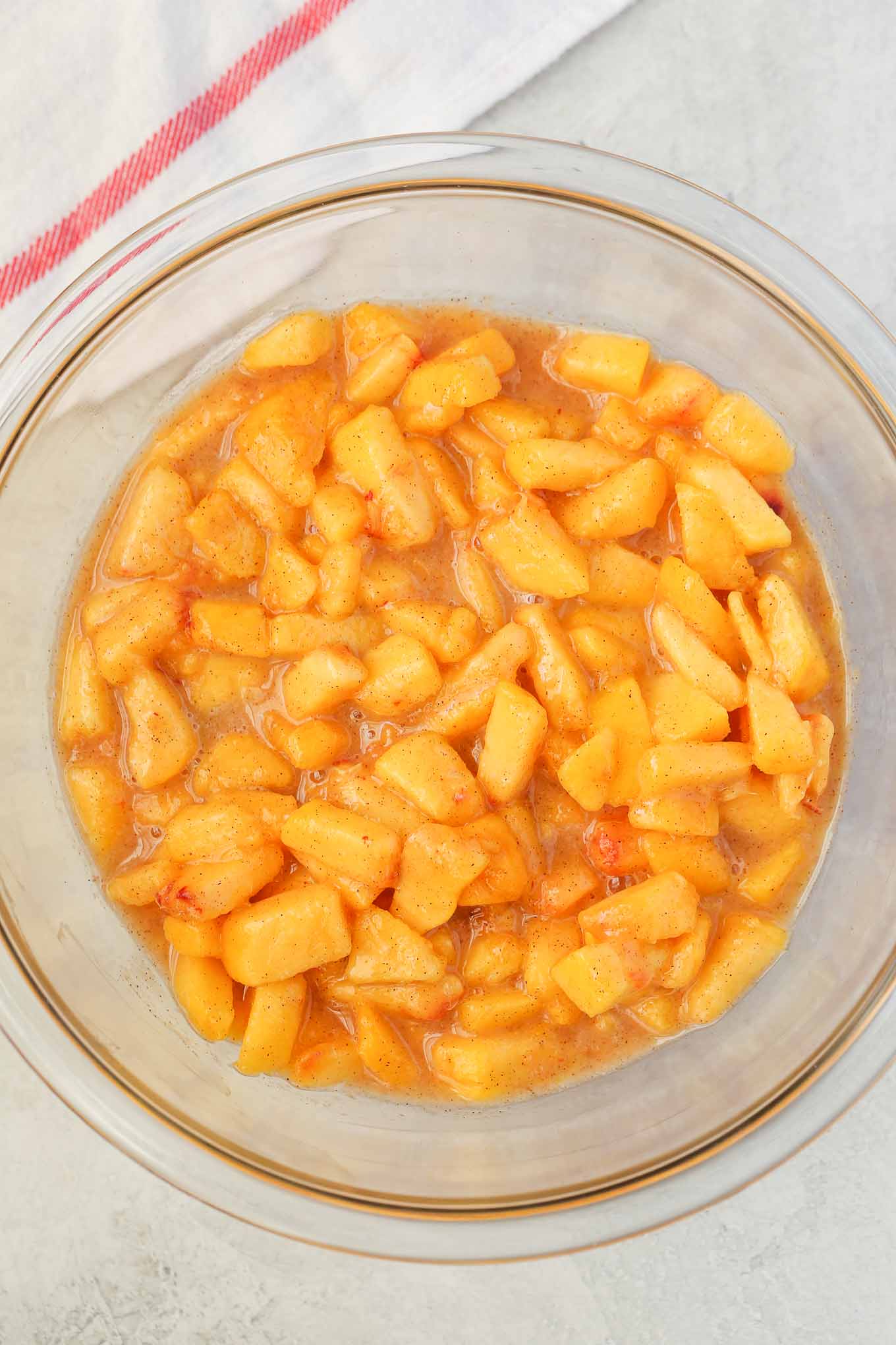 Overhead view of a fresh peach filling intended for peach bars. 