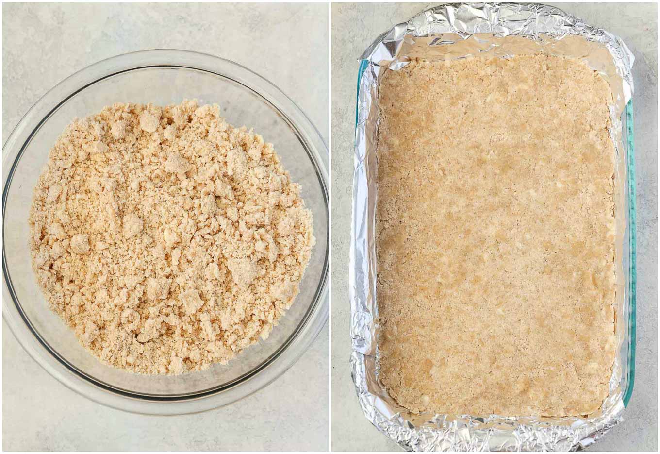 A photo collage showing a crumble mixture in a glass bowl and an unbaked crust in a 9x13 pan. 