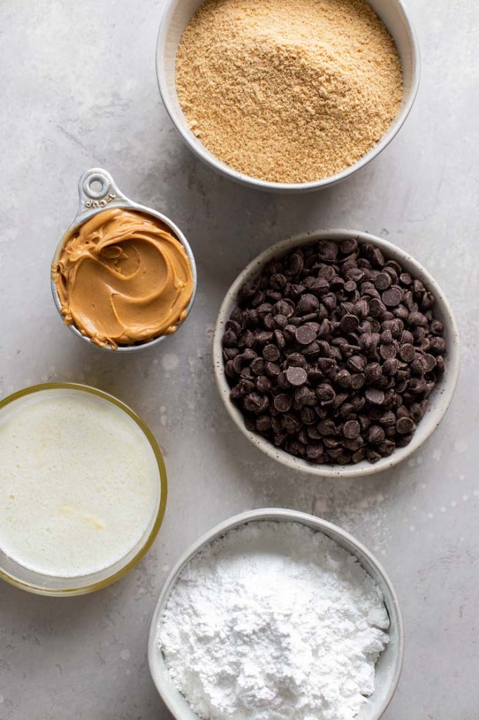 Overhead view of the ingredients needed to make peanut butter chocolate bars. 