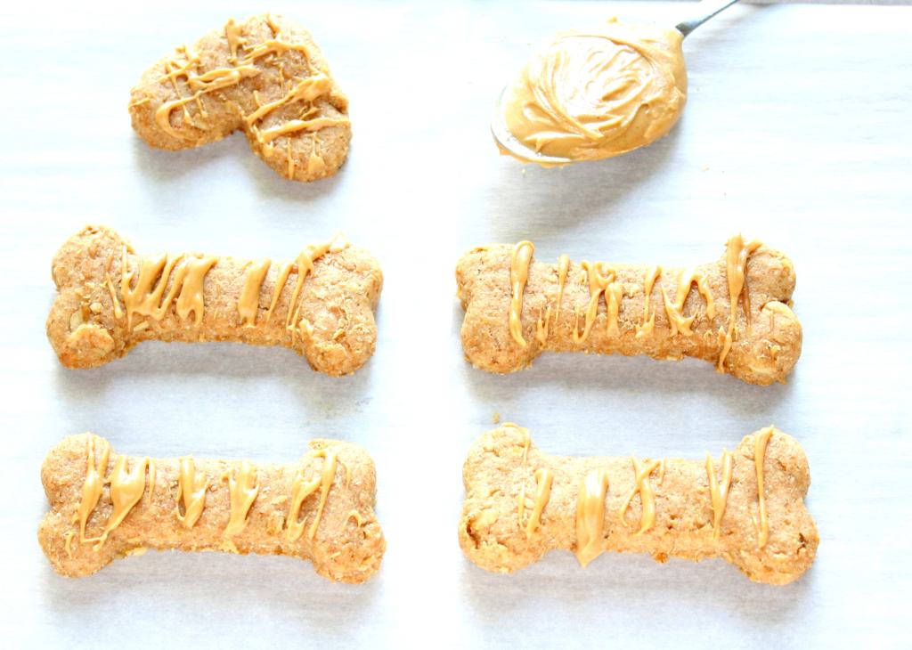 Overhead view of peanut butter oatmeal dog treats. A spoonful of peanut butter rests at the top of the frame. 