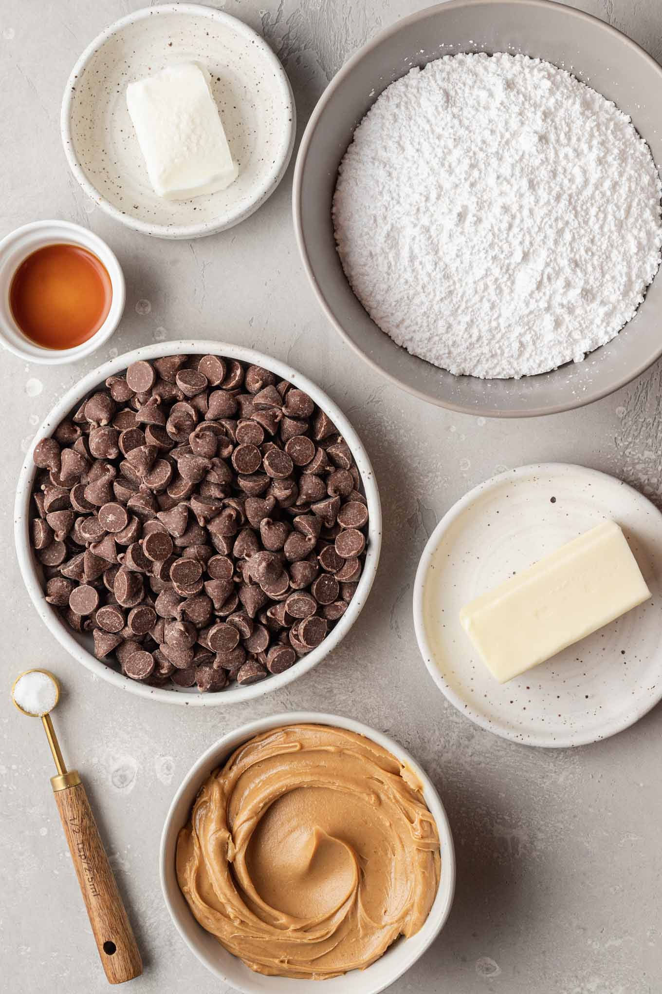 An overhead view of the ingredients for homemade Reese's eggs. 