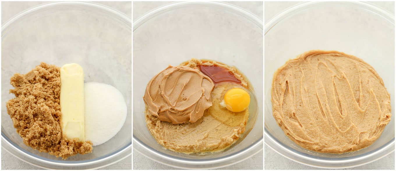 A collage image showing how to mix the wet ingredients together.