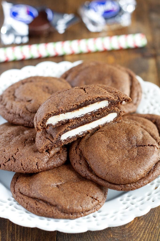 Chocolate cookies stuffed with peppermint patties. These Peppermint Patty Stuffed Chocolate Cookies are a perfect treat for any time of year!