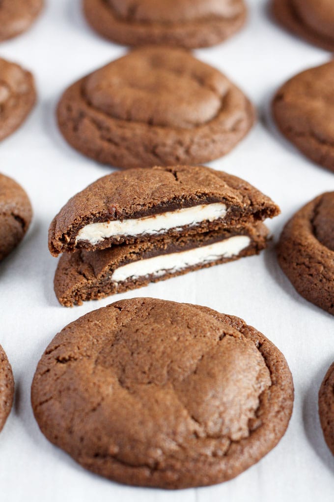 Chocolate cookies stuffed with peppermint patties. These Peppermint Patty Stuffed Chocolate Cookies are a perfect treat for any time of year!