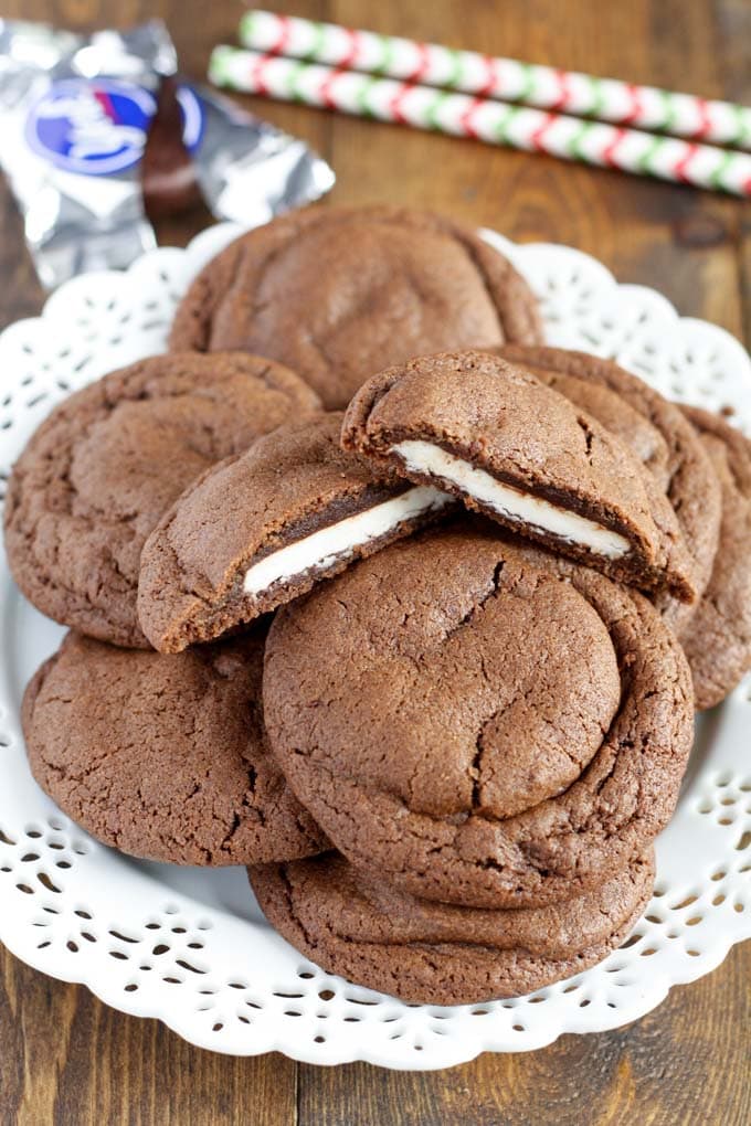 Chocolate cookies stuffed with peppermint patties. These Peppermint Patty Stuffed Chocolate Cookies are a perfect treat for any time of year!