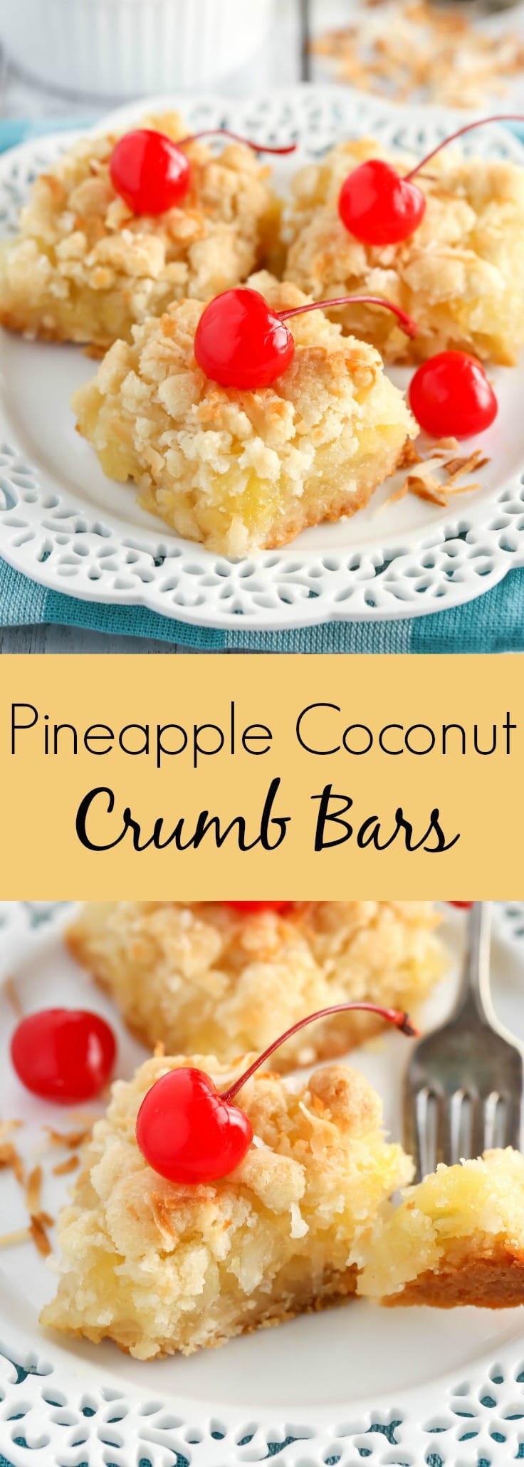 These Pineapple Coconut Crumb Bars use the same mixture for the crust and topping and are filled with a delicious pineapple coconut filling!