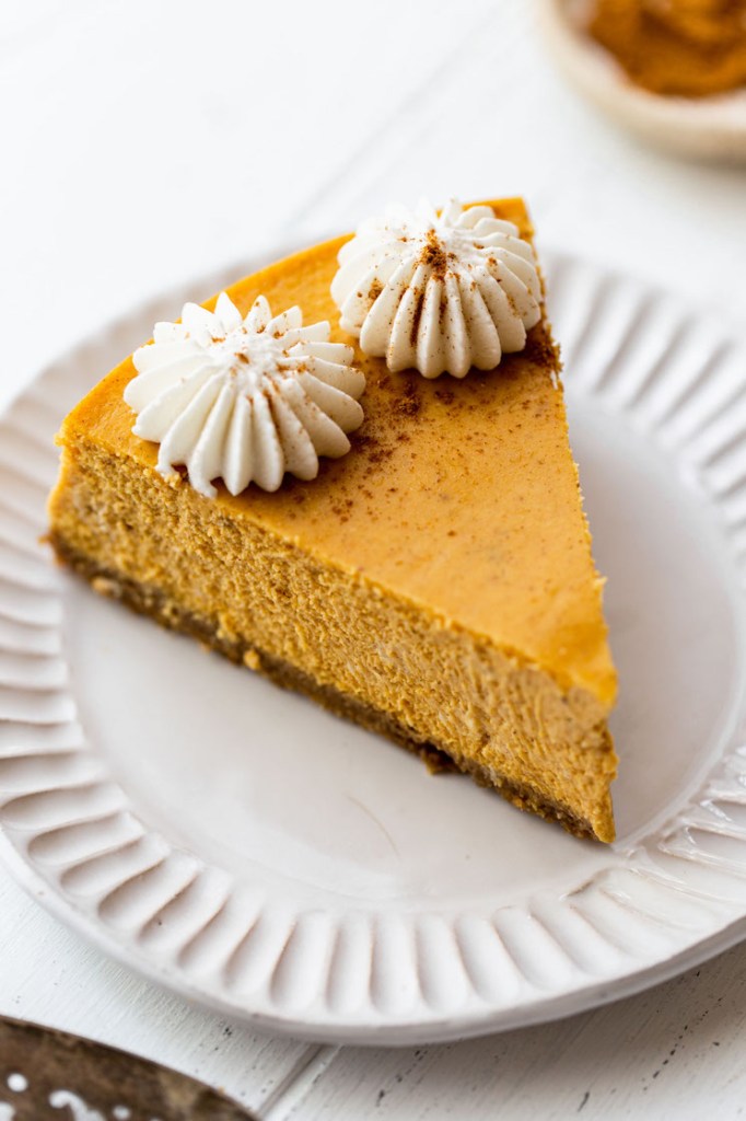 A single piece of cheesecake on a white plate topped with whipped cream and cinnamon.