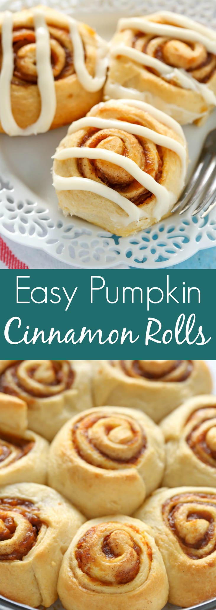 Easy Pumpkin Cinnamon Rolls made with crescent roll dough and topped with a homemade cream cheese frosting. The perfect fall breakfast!