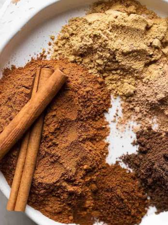 Several different spices separated on a white plate. Two cinnamon sticks rest on top of the ground cinnamon.