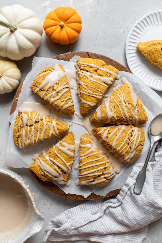 Pumpkin scones arranged in a circle on parchment paper topped with a maple cinnamon glaze.