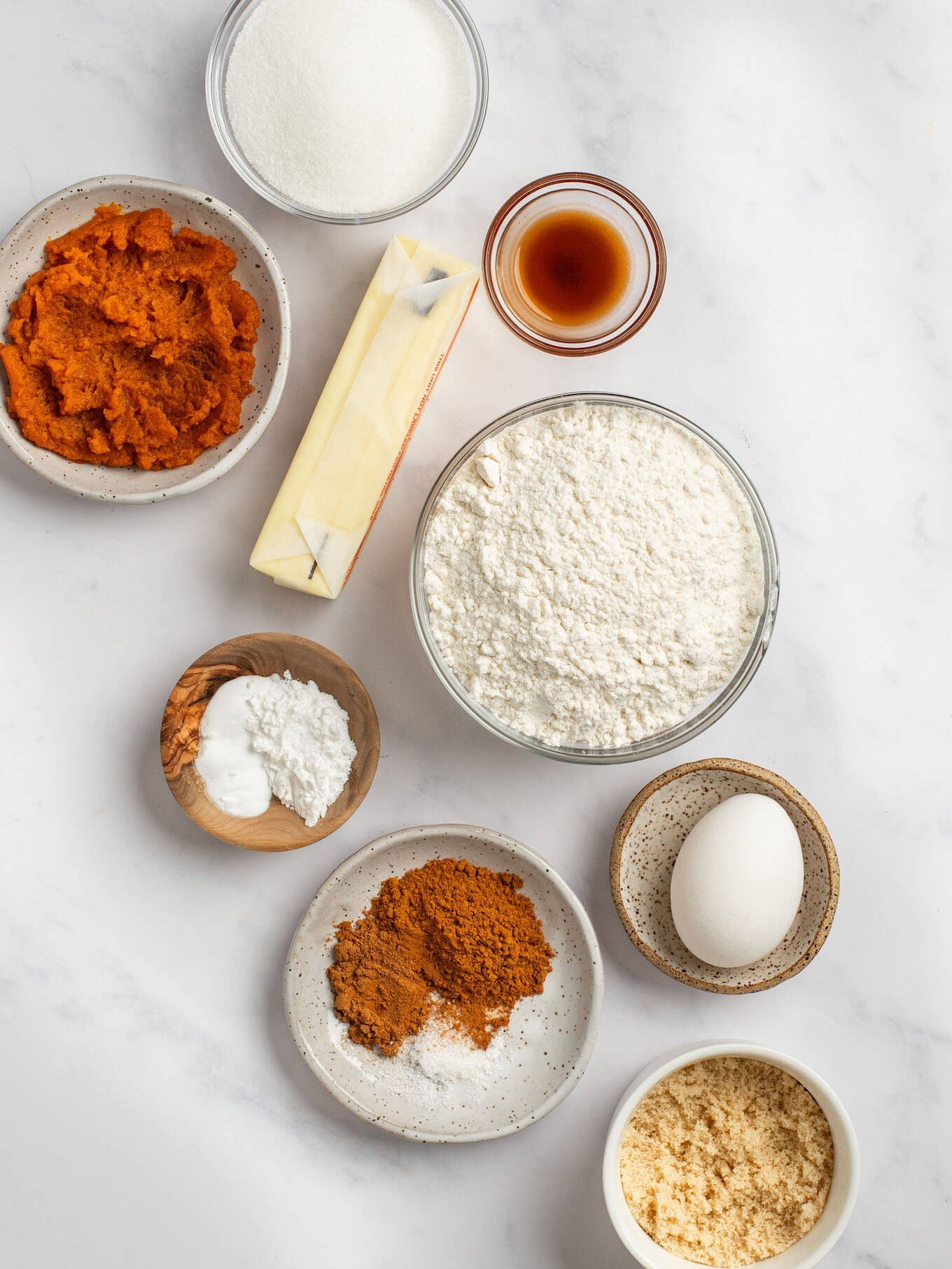An overhead view of the ingredients needed for pumpkin snickerdoodles.