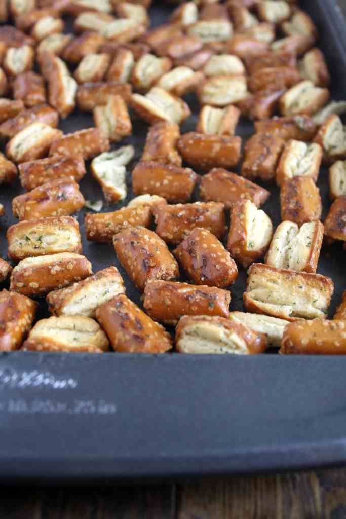 Ranch seasoned pretzels on a baking tray. 