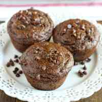 Three healthy chocolate muffins on a white plate.