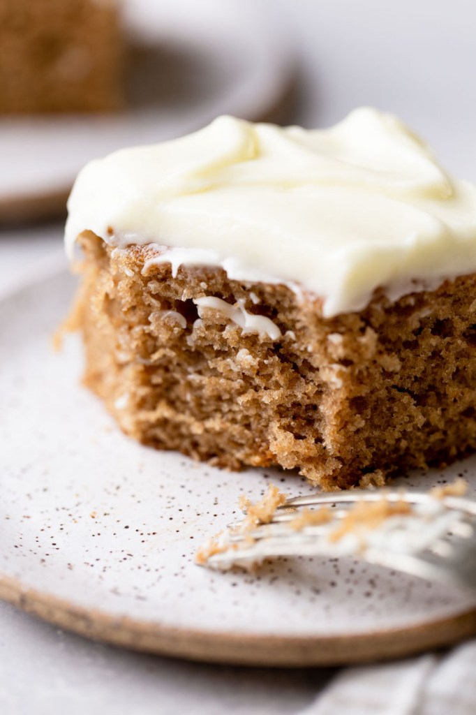 A piece of spice cake on a speckled plate with a single bite taken out of it.