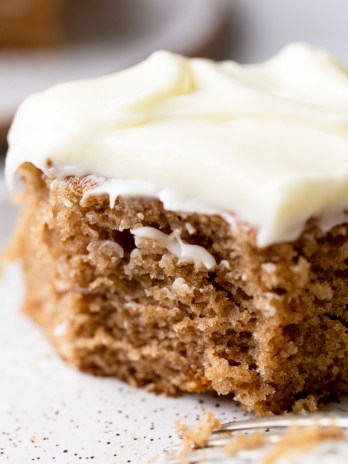 A single piece of spice cake on a speckled plate with a bite taken out of it.