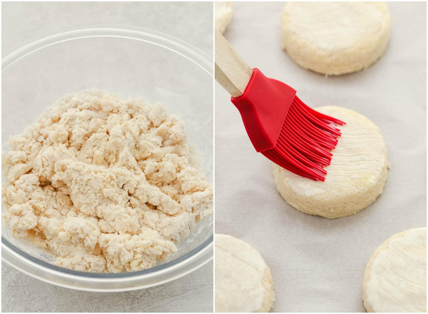 A collage image showing the shortcake biscuit dough mixed together and the dough cut out and brushed with half and half.