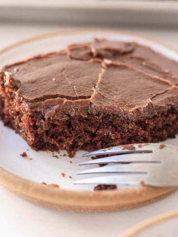 A slice of Texas sheet cake on a white speckled plate. A bite has been taken out of the slice and a fork rests on the side of the plate.