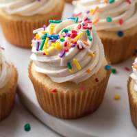 Vanilla cupcakes topped with sprinkles on a around marble serving platter.